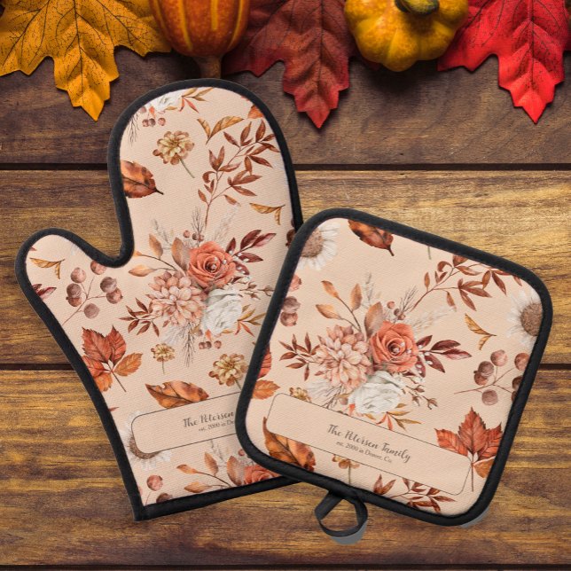 Fall floral family name personalised kitchen  oven mitt & pot holder set (Creator Uploaded)