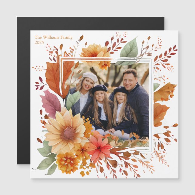 Fall Floral Family Photo Thanksgiving Magnet Card (Front/Back)