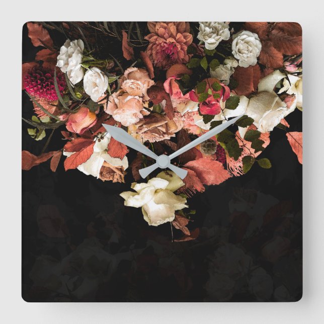"Fall Floral Fantasy" Square Wall Clock (Front)