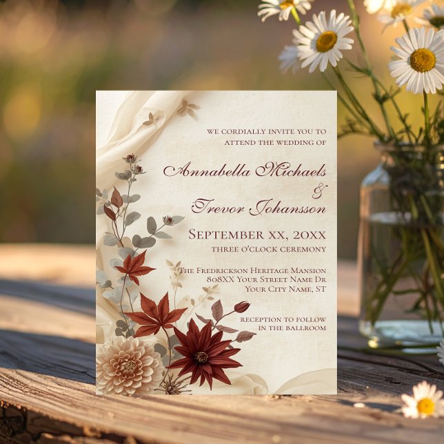 Fall Floral Foliage & Linen Autumn Wedding Invitation (Creator Uploaded)