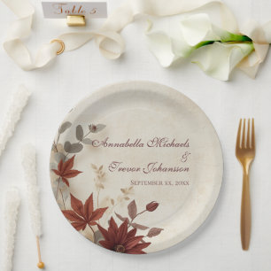 Fall Floral Foliage & Linen Autumn Wedding Paper Plate