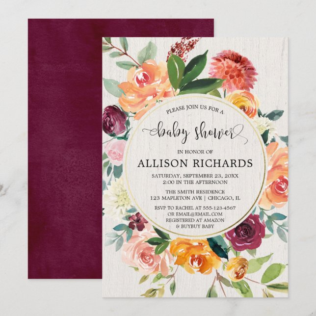 Fall floral gender neutral burgundy baby shower invitation (Front/Back)