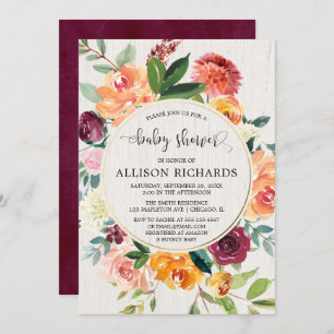 Fall floral gender neutral burgundy baby shower invitation