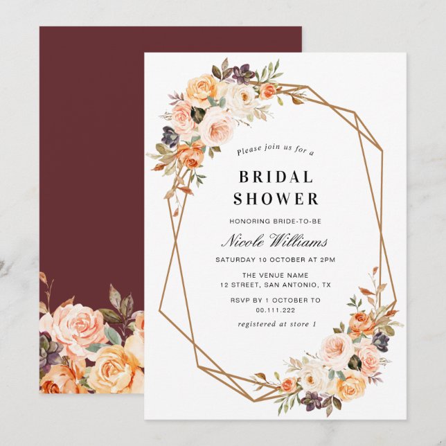 fall floral geometric bridal shower invitation (Front/Back)