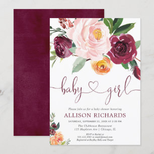 Fall floral girl baby shower, blush pink burgundy invitation