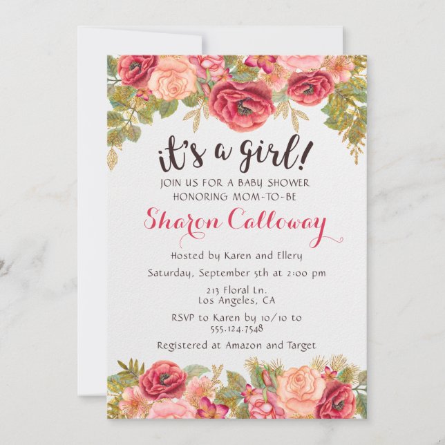 Fall Floral Girl Baby Shower Rose Invitation (Front)