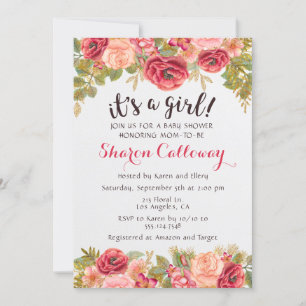 Fall Floral Girl Baby Shower Rose Invitation