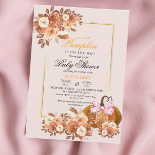 Fall Floral Gold Pumpkin Baby Shower Invitation