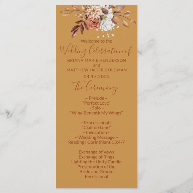 Fall Floral Gold Wedding Program Programme (Front)