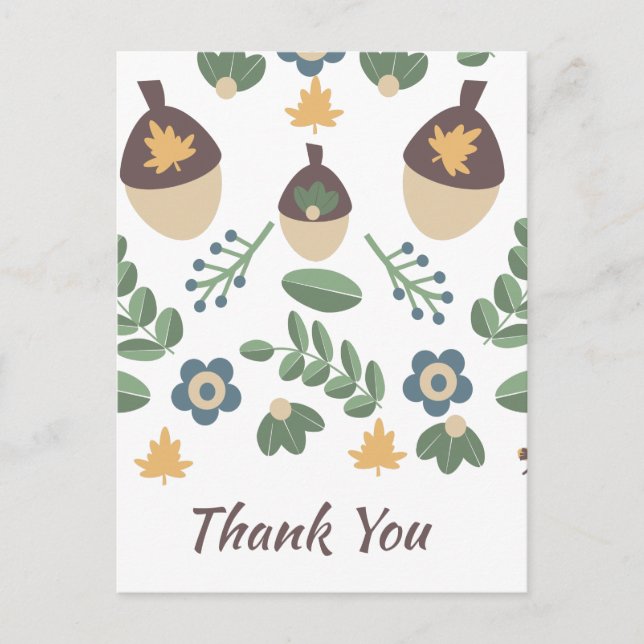 Fall Floral Greenery Leaves Acorns Thank You  Postcard (Front)