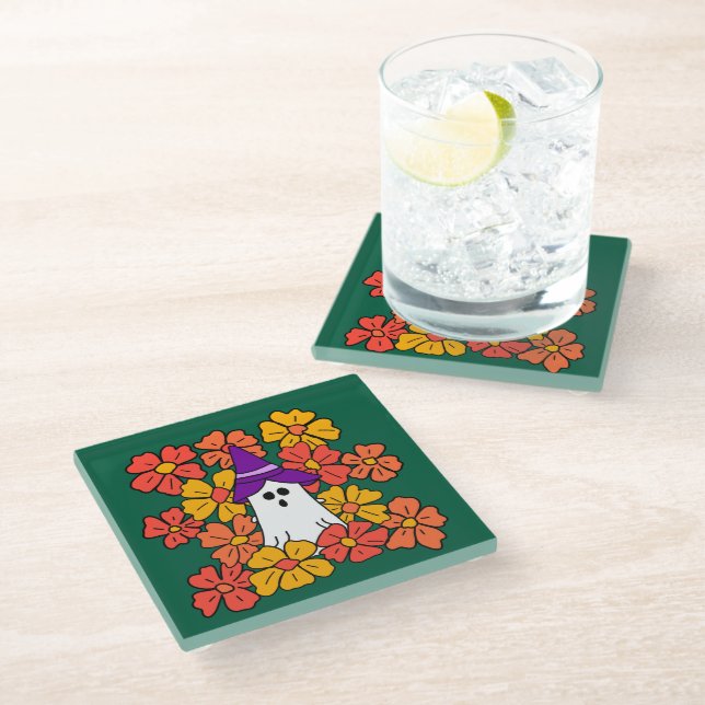 Fall Floral Halloween Ghost  Glass Coaster (Angled)