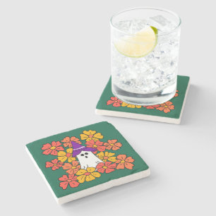 Fall Floral Halloween Ghost Stone Coaster