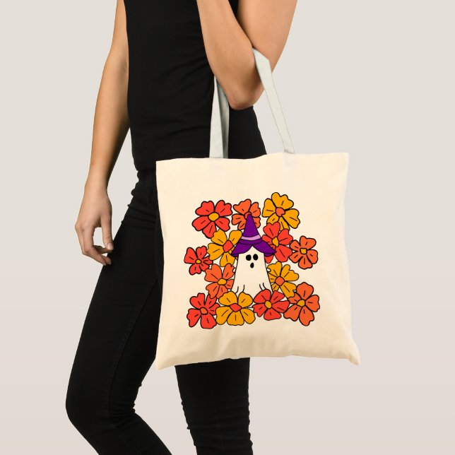 Fall Floral Halloween Ghost  Tote Bag (Front (Product))