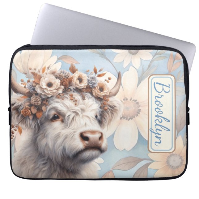 Fall Floral Highland Cow Laptop Sleeve (Front)