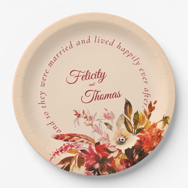 Fall Floral Ivory Blush Happily Ever After Wedding Paper Plate (Front)