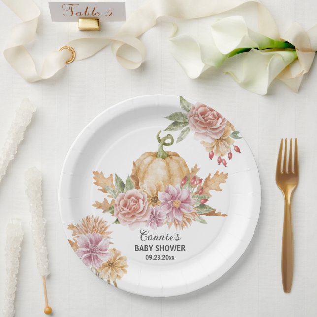 Fall Floral Little Pumpkin on the Way Baby Shower Paper Plate (Wedding)