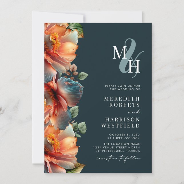 Fall Floral Monogram QR Code RSVP Autumn Wedding Invitation (Front)