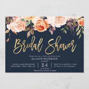 fall floral navy blue bridal shower invitation
