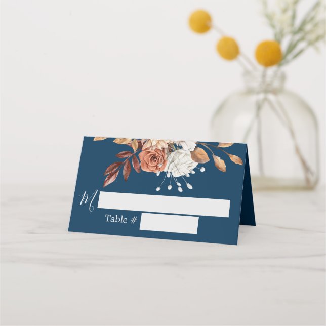 Fall Floral Navy Blue Wedding Place Card (Front)