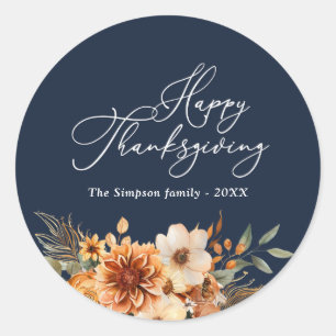 fall floral navy happy thanksgiving  classic round sticker