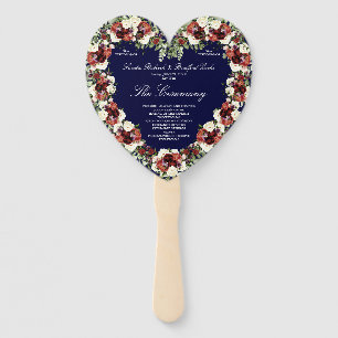 Fall Floral Navy Terracotta Cream Burgundy Heart Hand Fan