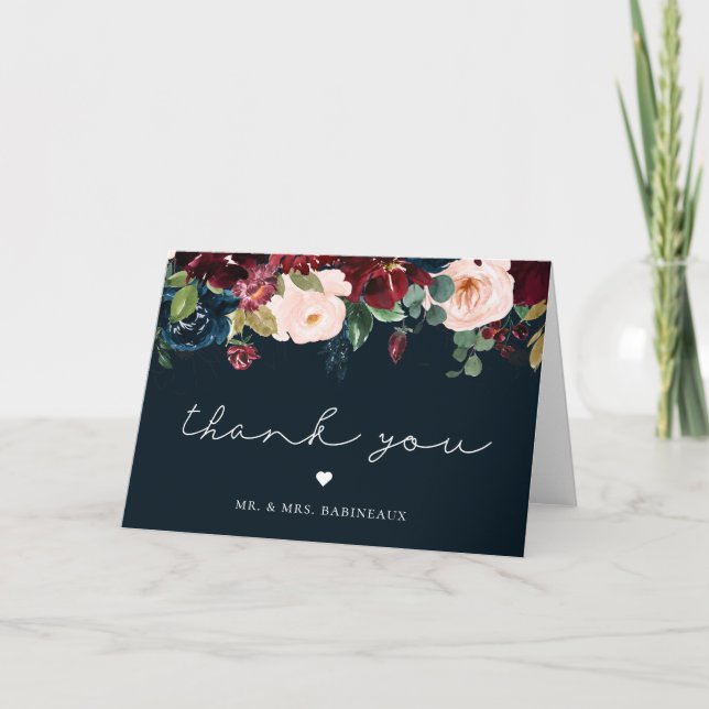 Fall Floral Navy Wedding Photo Thank You (Front)