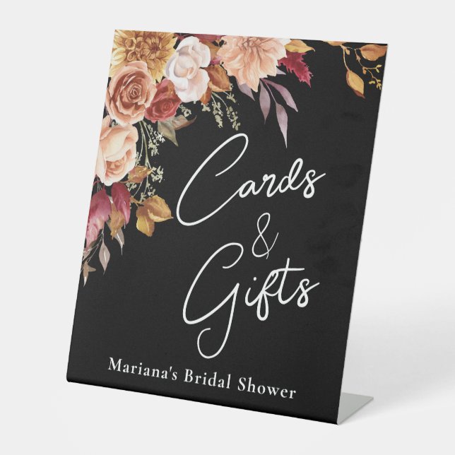 Fall Floral on Black Bridal Shower Cards & Gifts Pedestal Sign (Front)