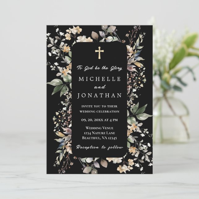 Fall Floral on Black Christian Cross Bible Wedding Invitation (Standing Front)