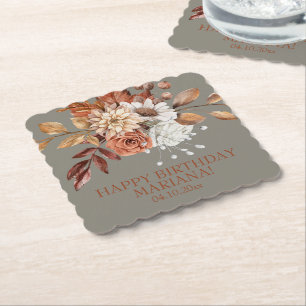 Fall Floral on Grey Birthday Party Paper Coaster