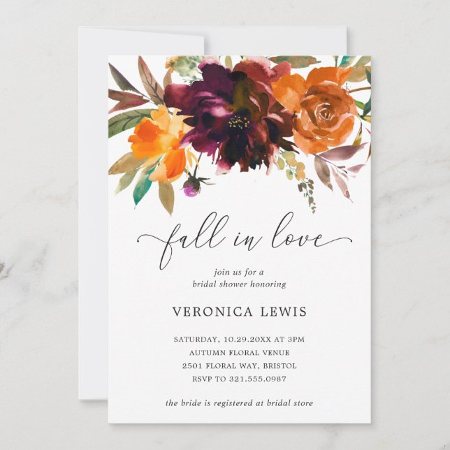 Fall Floral Orange Burgundy Elegant Bridal Shower Invitation (Front)
