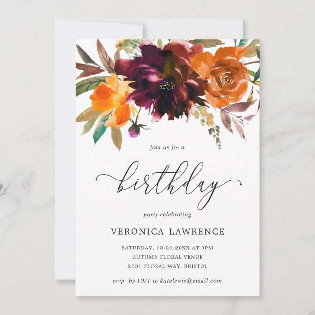 Fall Floral Orange Burgundy Woman Birthday Invitation (Front)