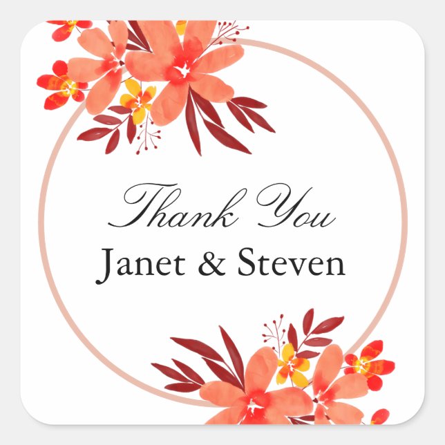 Fall Floral Orange Gold Brown Thank You Square Sti Square Sticker (Front)