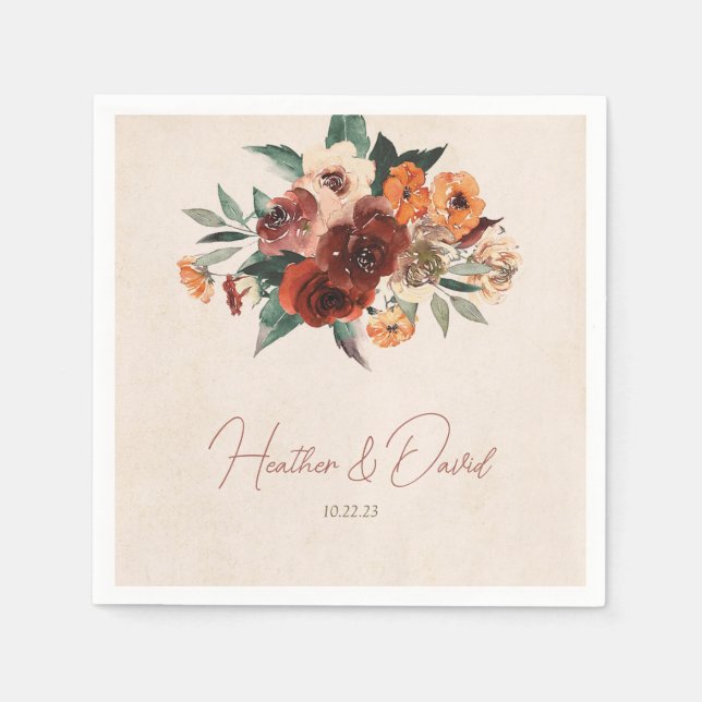 Fall Floral Paper Napkin Terracotta Burnt Orange (Front)