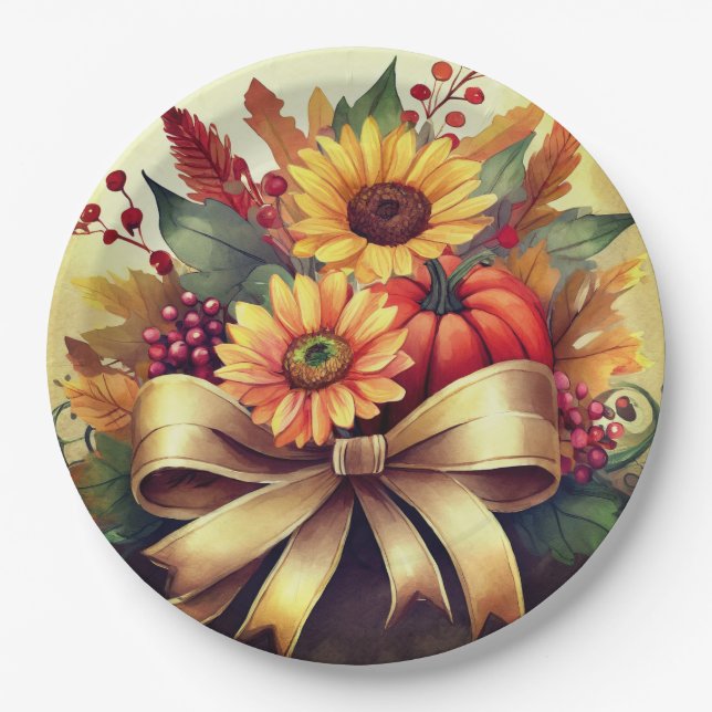 Fall Floral Paper Plates, 9" Round Paper Plates (Front)