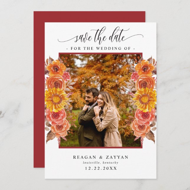 Fall Floral Photo Save the Date Card (Front/Back)
