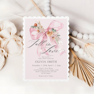 Fall Floral Pink Bow Fall in Love Baby Shower Invitation