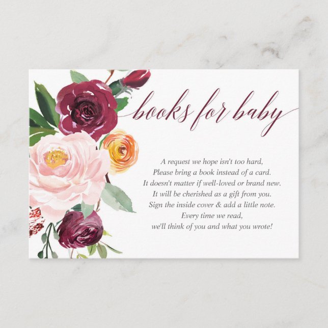 Fall floral pink burgundy baby shower book request enclosure card (Front)