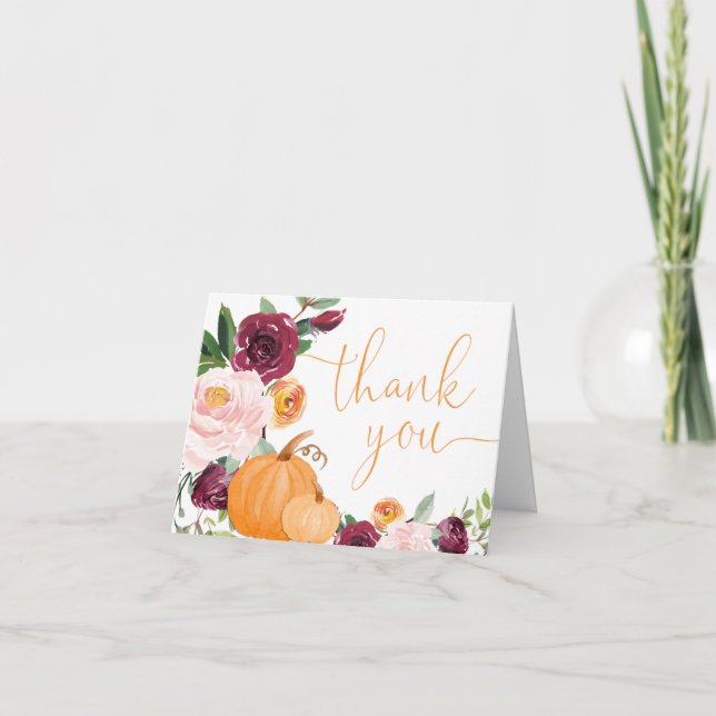 Fall floral pink burgundy little pumpkins thank you card (Front)