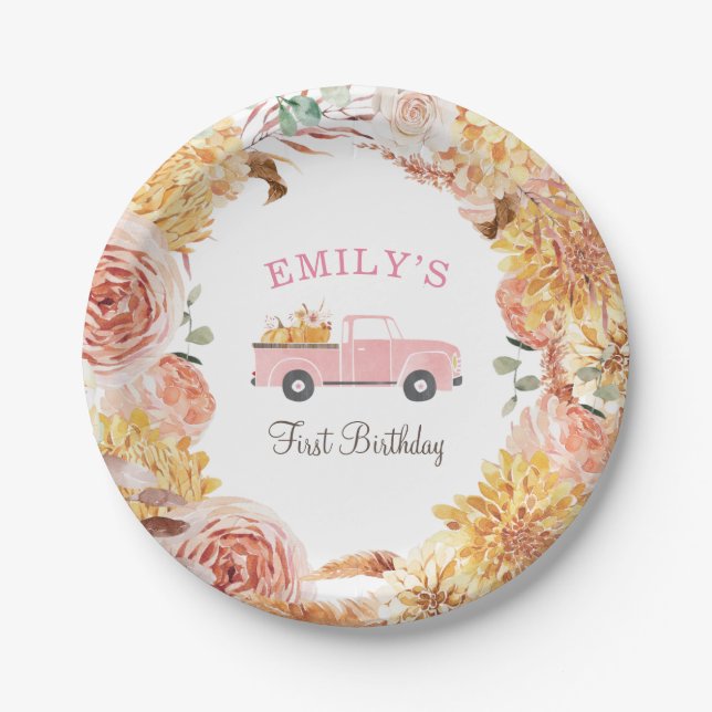 Fall Floral Pink Little PUMPKIN GIRL Birthday Paper Plate (Front)