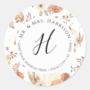 Fall Floral Pumpkin Autumn Leaf Return Address Classic Round Sticker