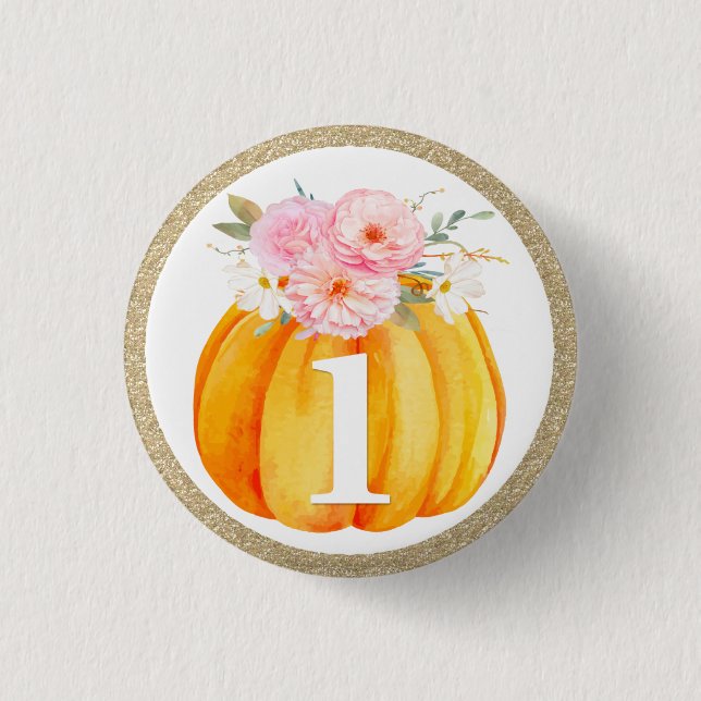 Fall Floral Pumpkin Baby Girl's 1st Birthday ONE 3 Cm Round Badge (Front)