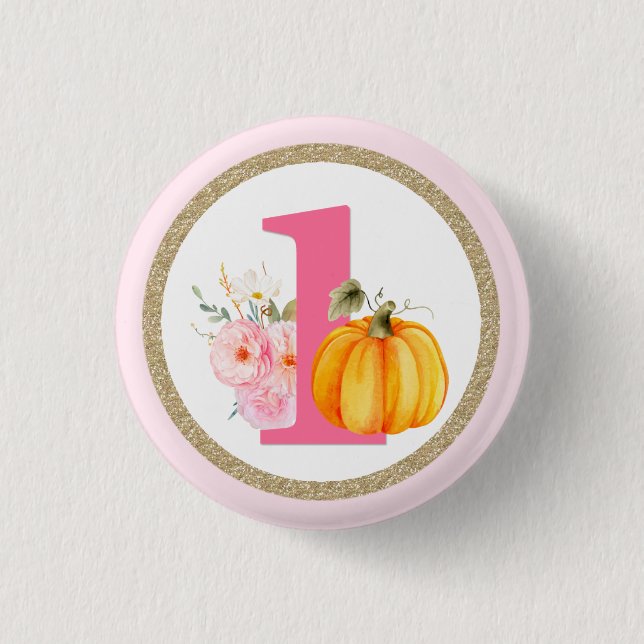 Fall Floral Pumpkin Baby Girl's 1st Birthday ONE 3 Cm Round Badge (Front)