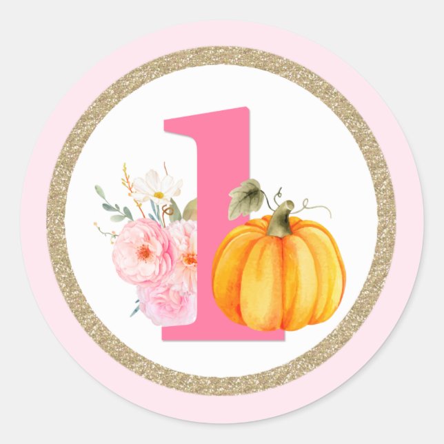 Fall Floral Pumpkin Baby Girl's 1st Birthday ONE Classic Round Sticker (Front)