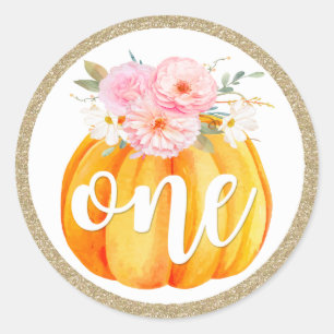 Fall Floral Pumpkin Baby Girl's 1st Birthday ONE Classic Round Sticker
