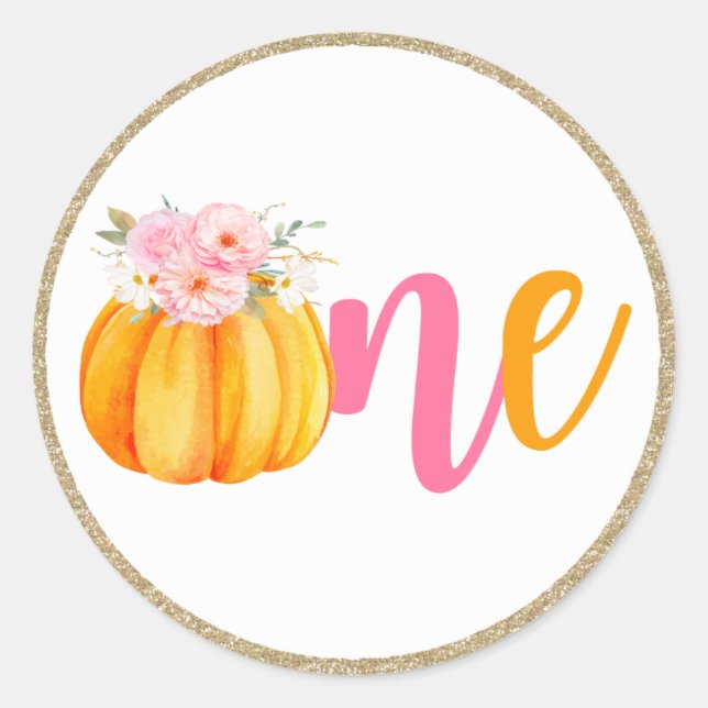 Fall Floral Pumpkin Baby Girl's 1st Birthday ONE Classic Round Sticker (Front)