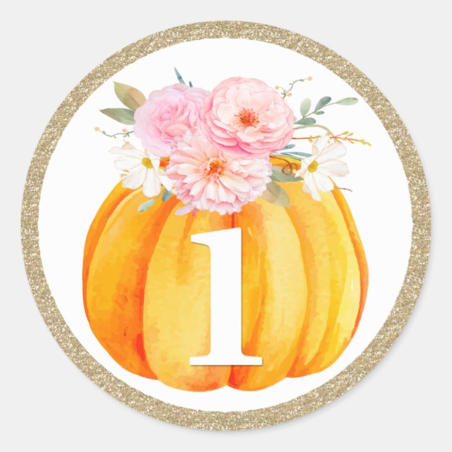 Fall Floral Pumpkin Baby Girl's 1st Birthday ONE Classic Round Sticker (Front)