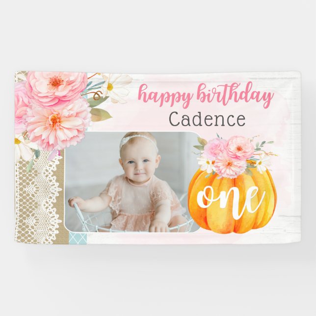 Fall Floral Pumpkin Baby Girl's 1st Birthday Photo Banner (Horizontal)