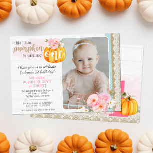 Fall Floral Pumpkin Baby Girl's 1st Birthday Photo Invitation