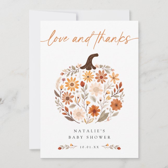 Fall Floral Pumpkin Baby Shower Thank You Card (Front)