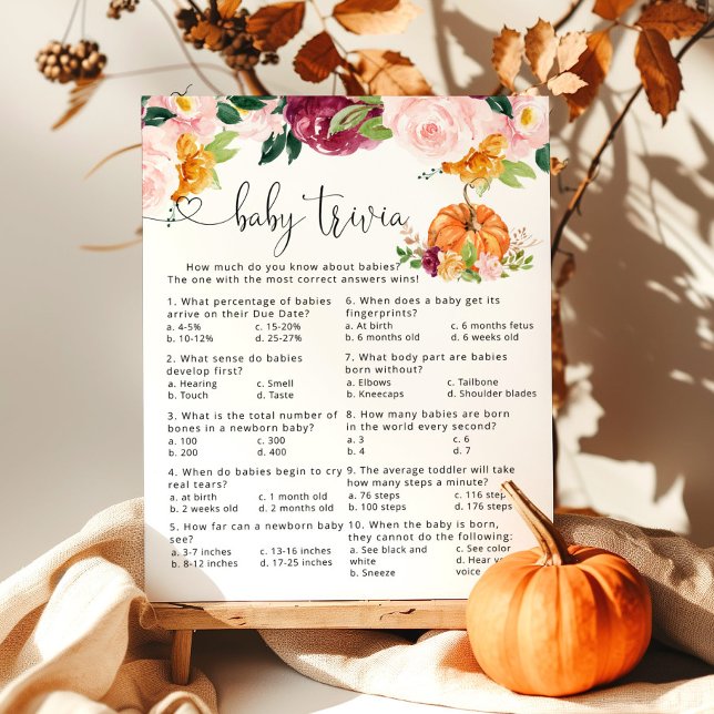 Fall floral pumpkin Baby trivia baby shower game (Creator Uploaded)